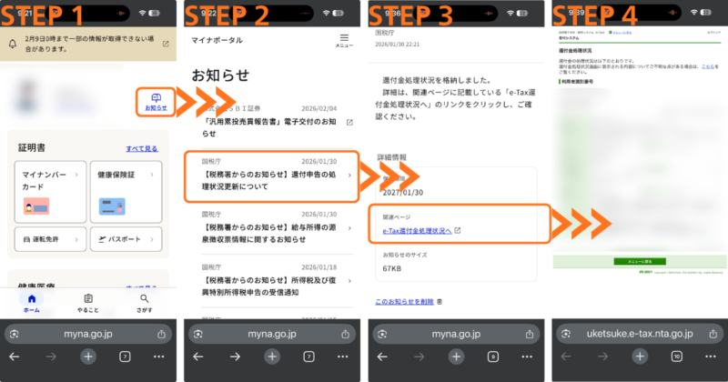 申請内容に問題がなければ、「【税務署からのお知らせ】還付申告の処理状況更新について」というお知らせがあるので、その通知の中に入金の予定日が記載されています。