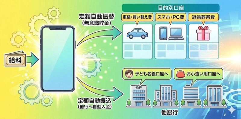 定額自動振込と定額自動振替を利用した、目的別口座への資金移動イメージ