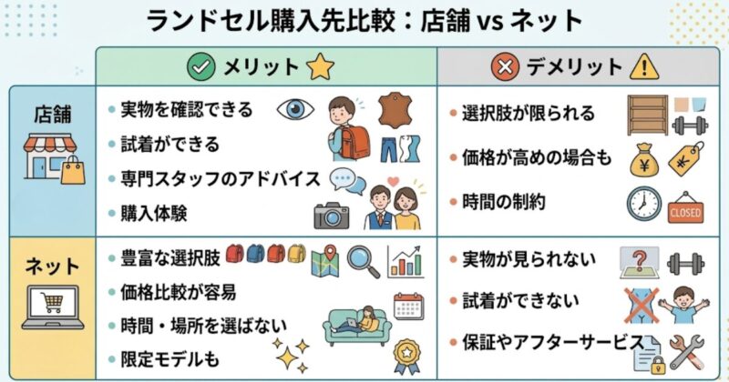 いざ、ランドセルを選ぶとなると、報道のような店舗で購入する方法の他に、ネットで購入する方法もあります。
私なりに、それぞれのメリット・デメリットをまとめてみました。