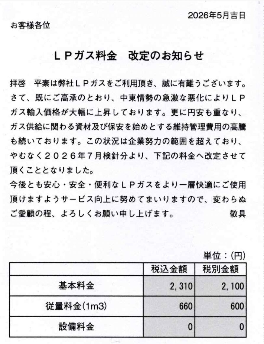 ガス会社からの値上げ通知